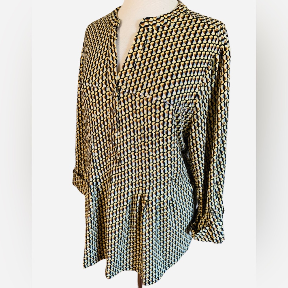 COCOMO 3X yellow brown poly spandex flannel 3/4 sleeve women’s Pintuck tunic - Picture 3 of 15